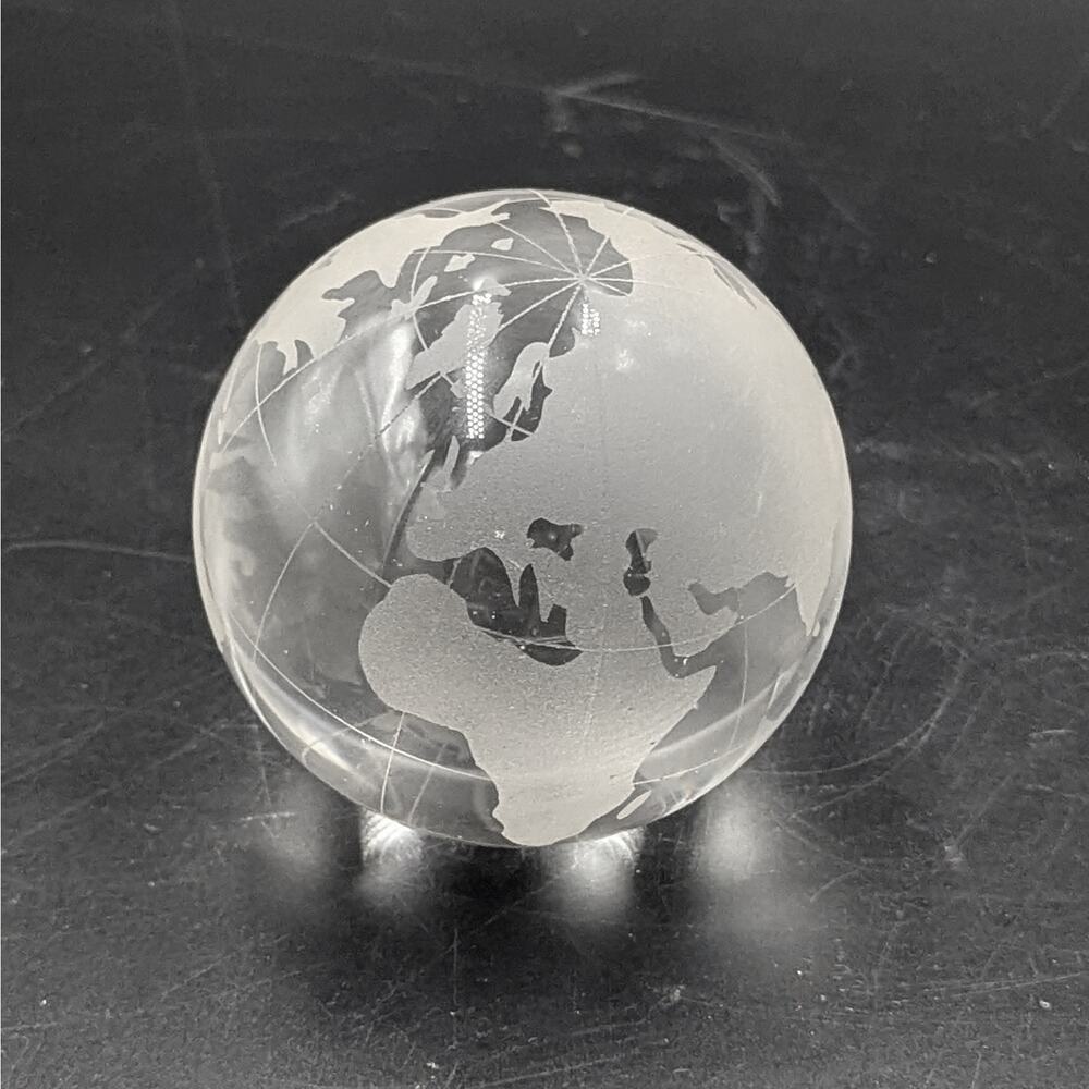 Crystal Glass World Globe Paperweight Etched Continents Heavy Desk Decor